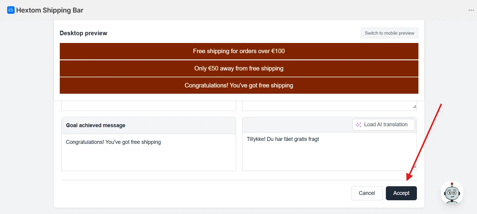 Accept button to save the entered language translation
