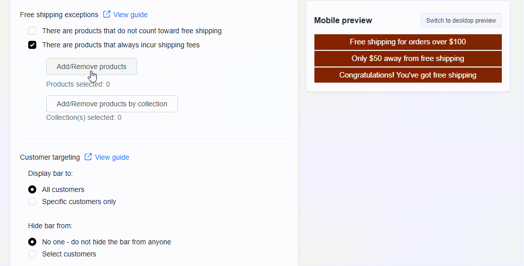 Animation showing the product picker being used to select products that always incur shipping fees