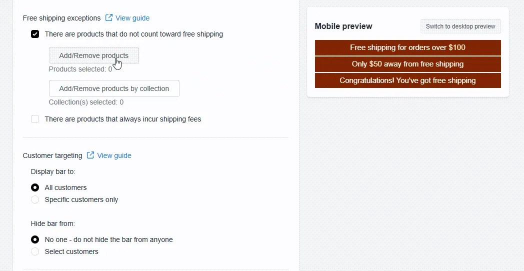 Animation showing the product picker being used to select products to exclude from free shipping