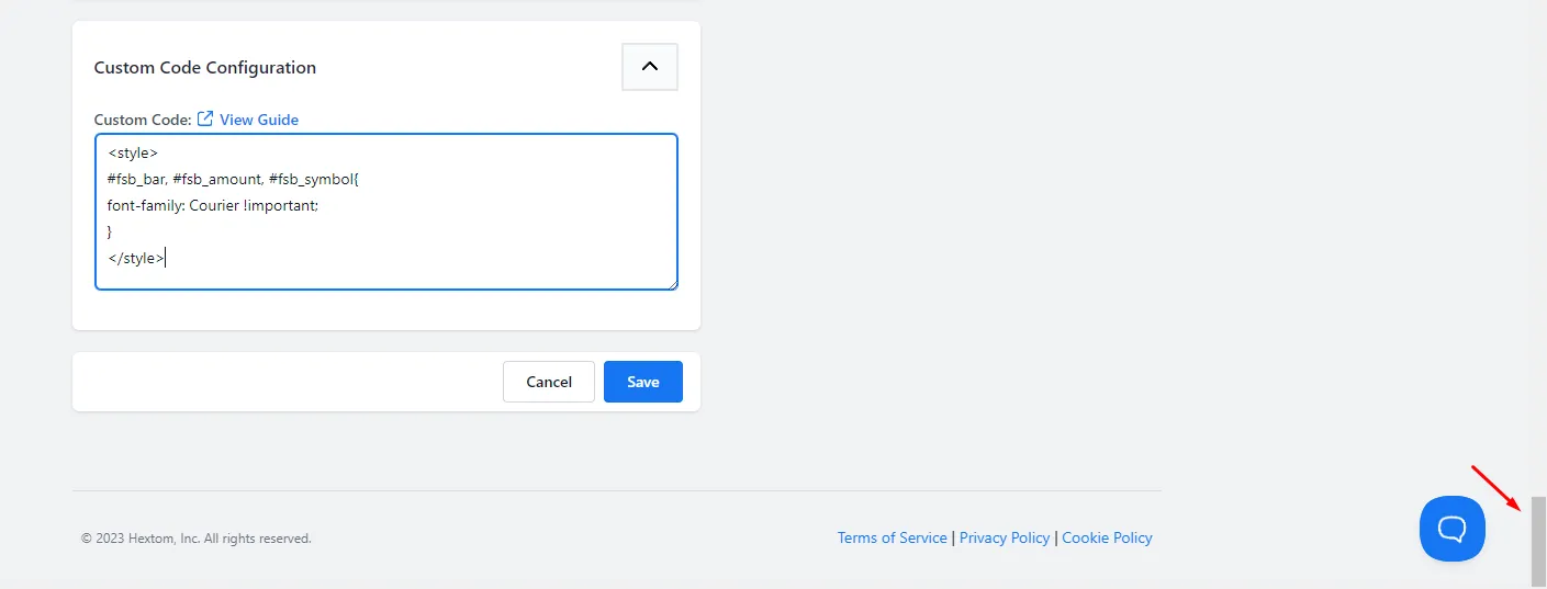 Bottom code section in the Free Shipping Bar app where you paste the custom font CSS
