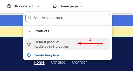 Default product page selected in the theme editor