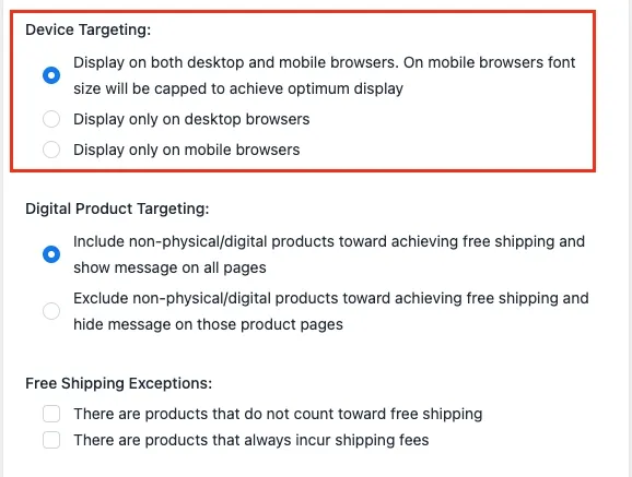 Device targeting setting showing Both Desktop and Mobile selected by default