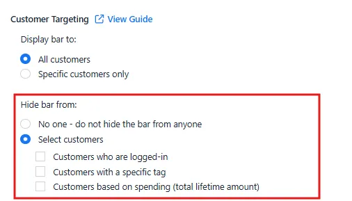 Hide bar targeting options including hiding by tag and by amount spent