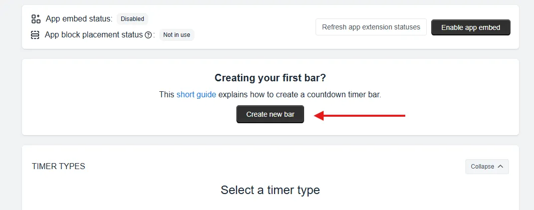 Create New Bar button on the Countdown Timer Bar app dashboard