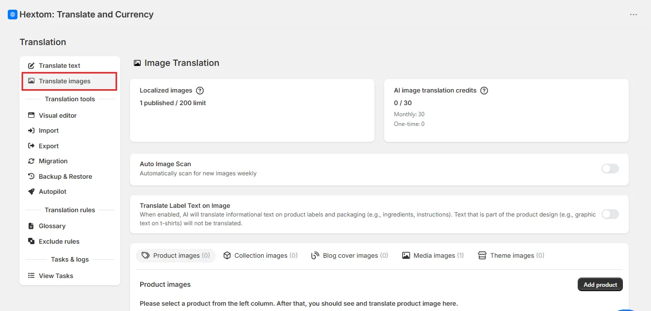 Image Translation dashboard showing Translate images selected in the app sidebar