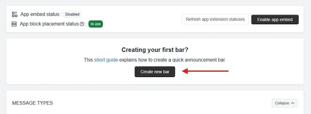 Create new bar button on the Quick Announcement Bar app dashboard