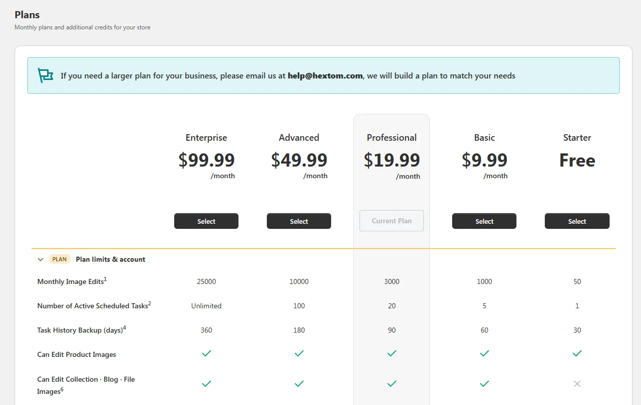 Plans page showing prices and plan limits for Enterprise, Advanced, Professional, Basic and Starter