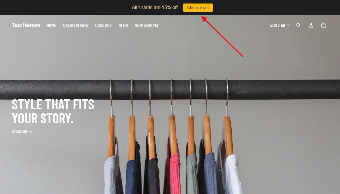 Storefront preview showing the Quick Announcement Bar at the top of the page