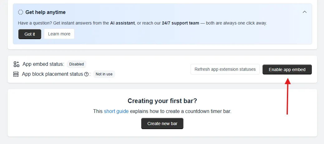 Enable app embed button on the Countdown Timer Bar app dashboard