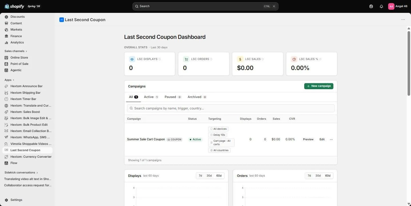 Last Second Coupon dashboard showing the saved Summer Sale Cart Coupon campaign in the list