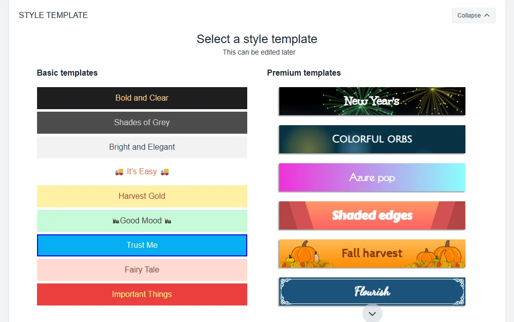 Style template selection with a list of basic and premium templates