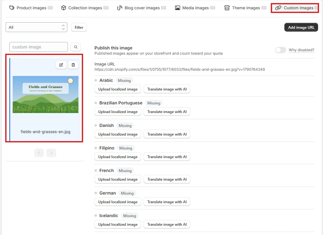 Custom images tab showing the added image in the list and its languages marked Missing, each with Upload localized image and Translate image with AI buttons
