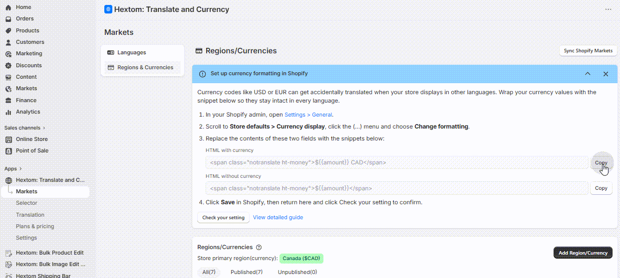 Demo of copying the currency formatting snippet into Shopify Admin