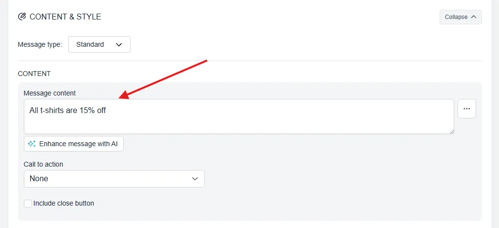 Message content field in the Content & Style section of the Quick Announcement Bar editor