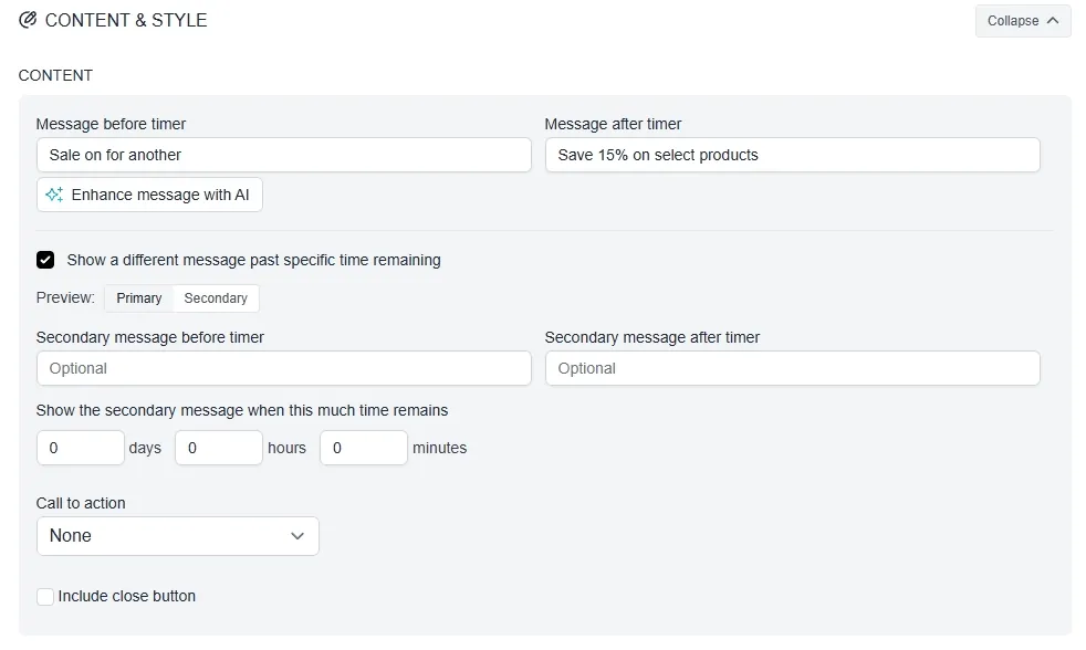 Message, secondary message, call to action, and close button configuration options for the Countdown Timer Bar