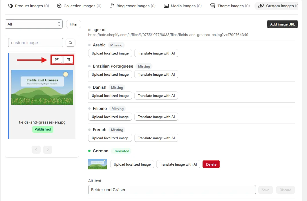 Custom image entry with the Edit and Delete icons highlighted