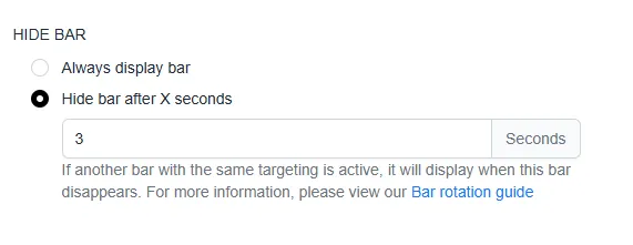 Hide bar after X seconds setting set to 3