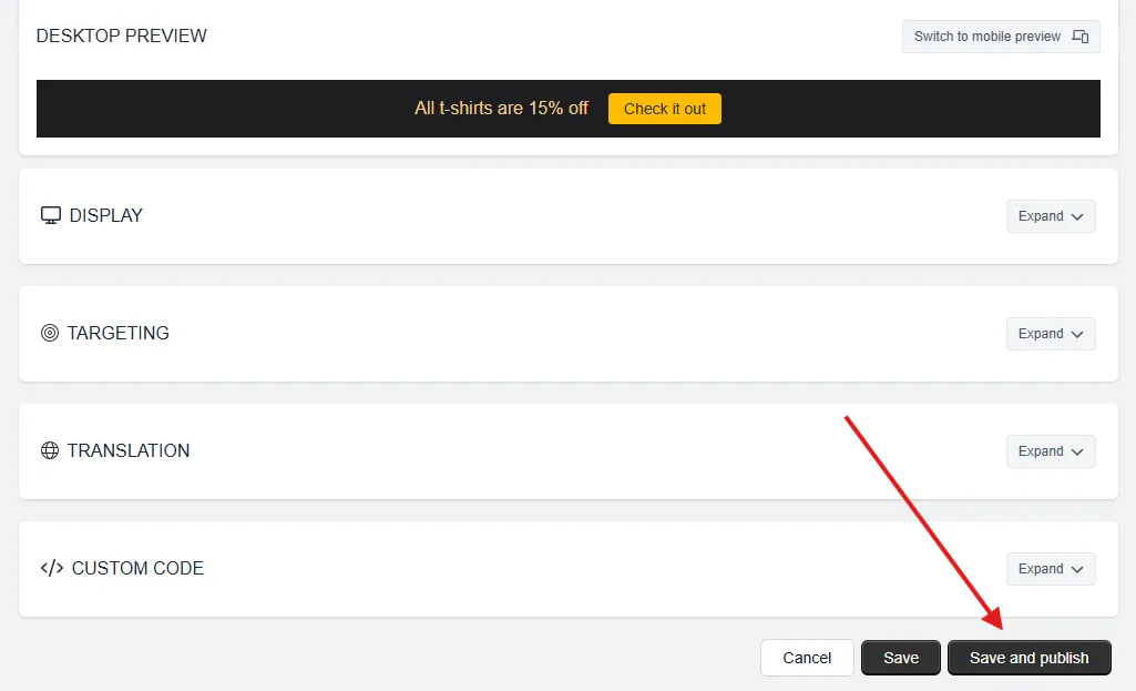 Save and publish button at the bottom of the Quick Announcement Bar configuration panel