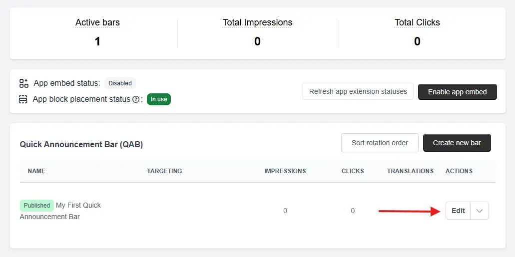 Quick Announcement Bar dashboard with the Edit button for an existing bar