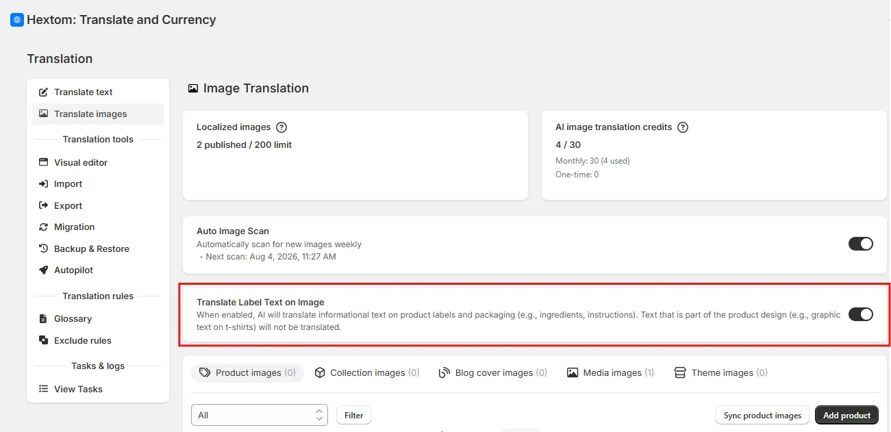 Image Translation dashboard with the Translate Label Text on Image toggle highlighted