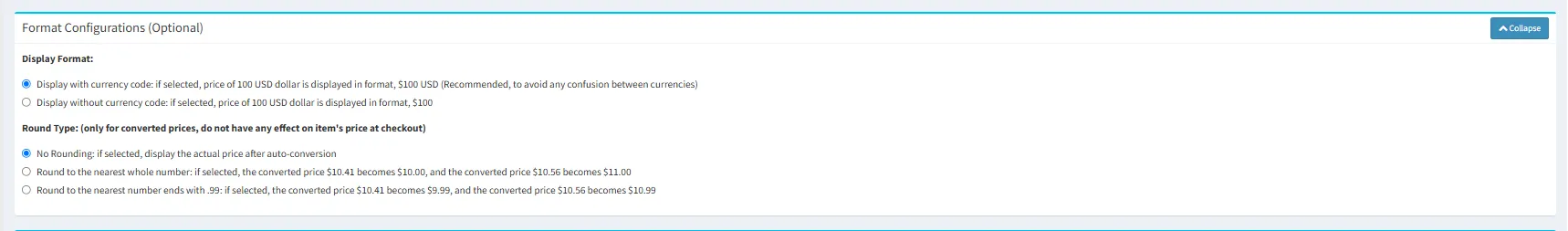Currency Selector with Select Supported Currencies and Define Manual Rates fields