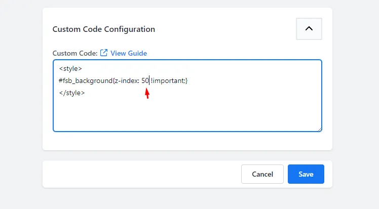 Custom code with a lower z-index value of 50 to try if 99 did not fix the issue