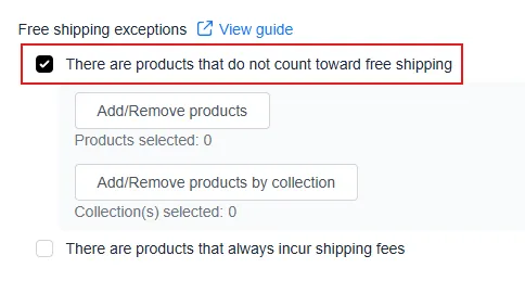 Free Shipping Exceptions setting with the Option 1 checkbox selected