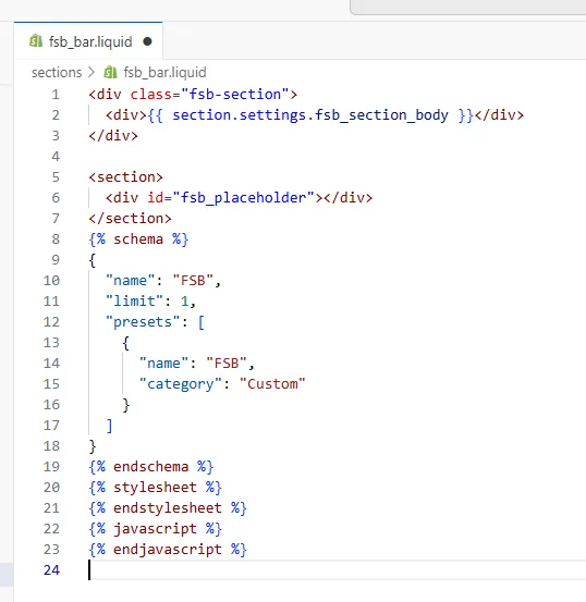 Liquid code pasted into the new fsb_bar.liquid file