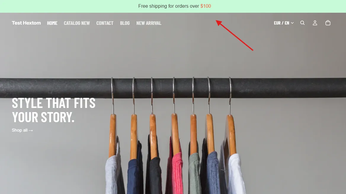Storefront preview showing the free shipping bar at the top of the page