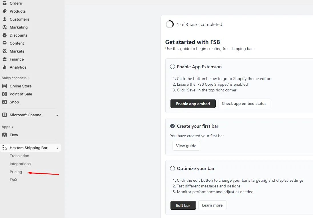 Pricing page in the Free Shipping Bar app