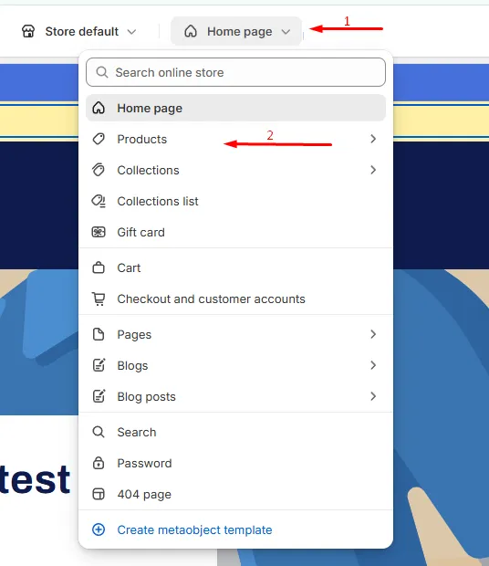 Switching to the product page in the theme editor