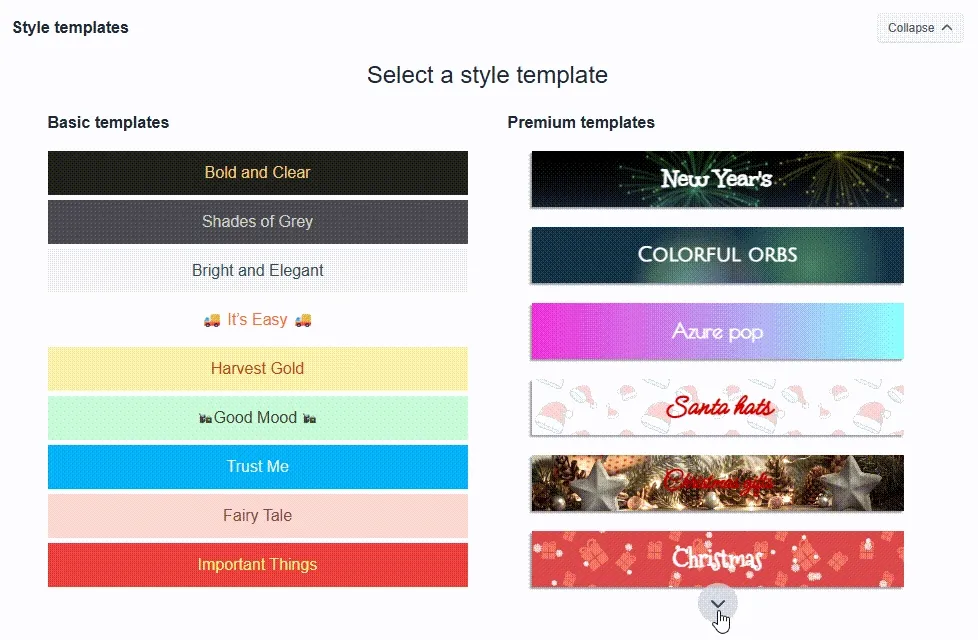 Template selection interface showing available free and premium bar designs