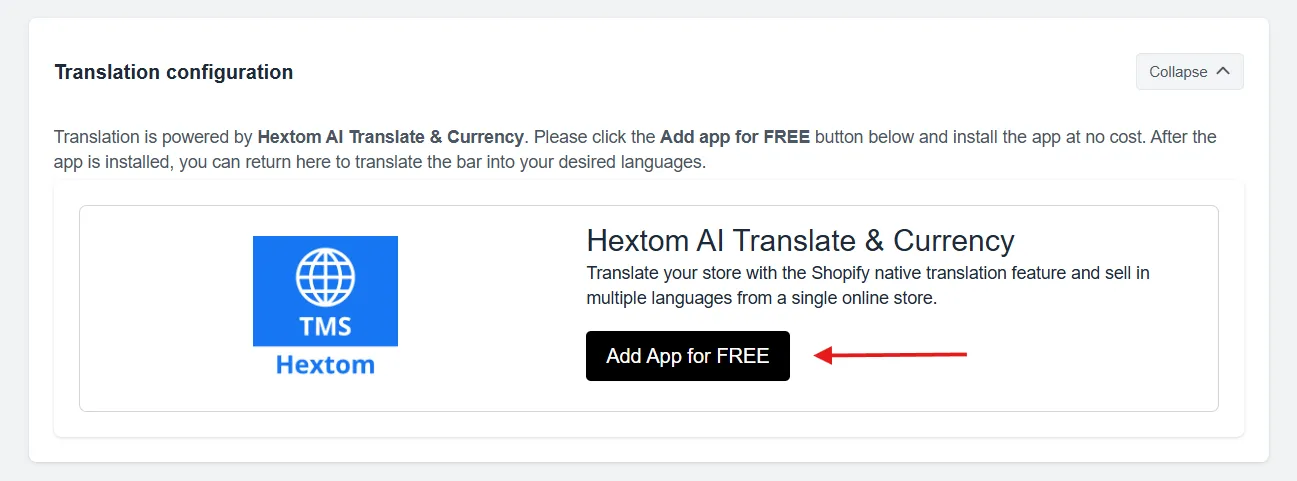 Translation Configuration section in bar settings showing the Add App for FREE button