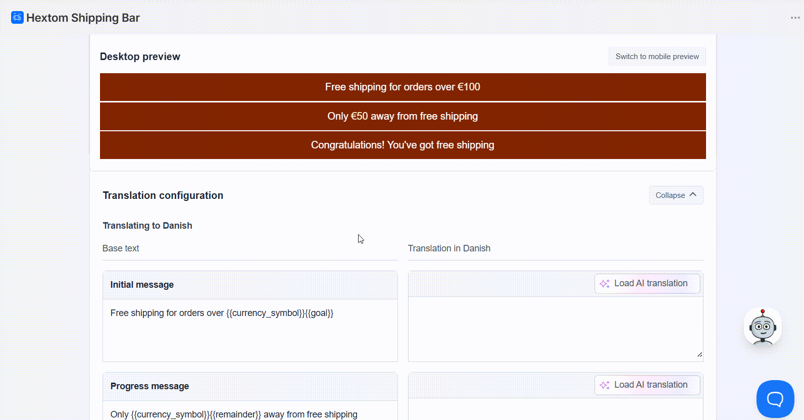 Animation demonstrating both the Load AI translation option and manual text entry in the translation fields