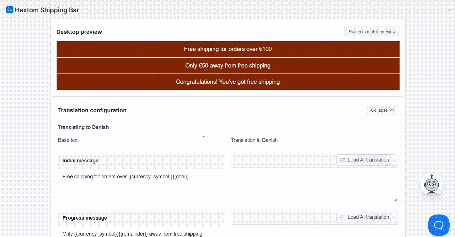 Animation demonstrating both the Load AI translation option and manual text entry in the translation fields