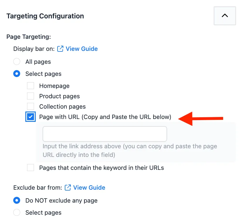 Text field for entering a specific page URL to target